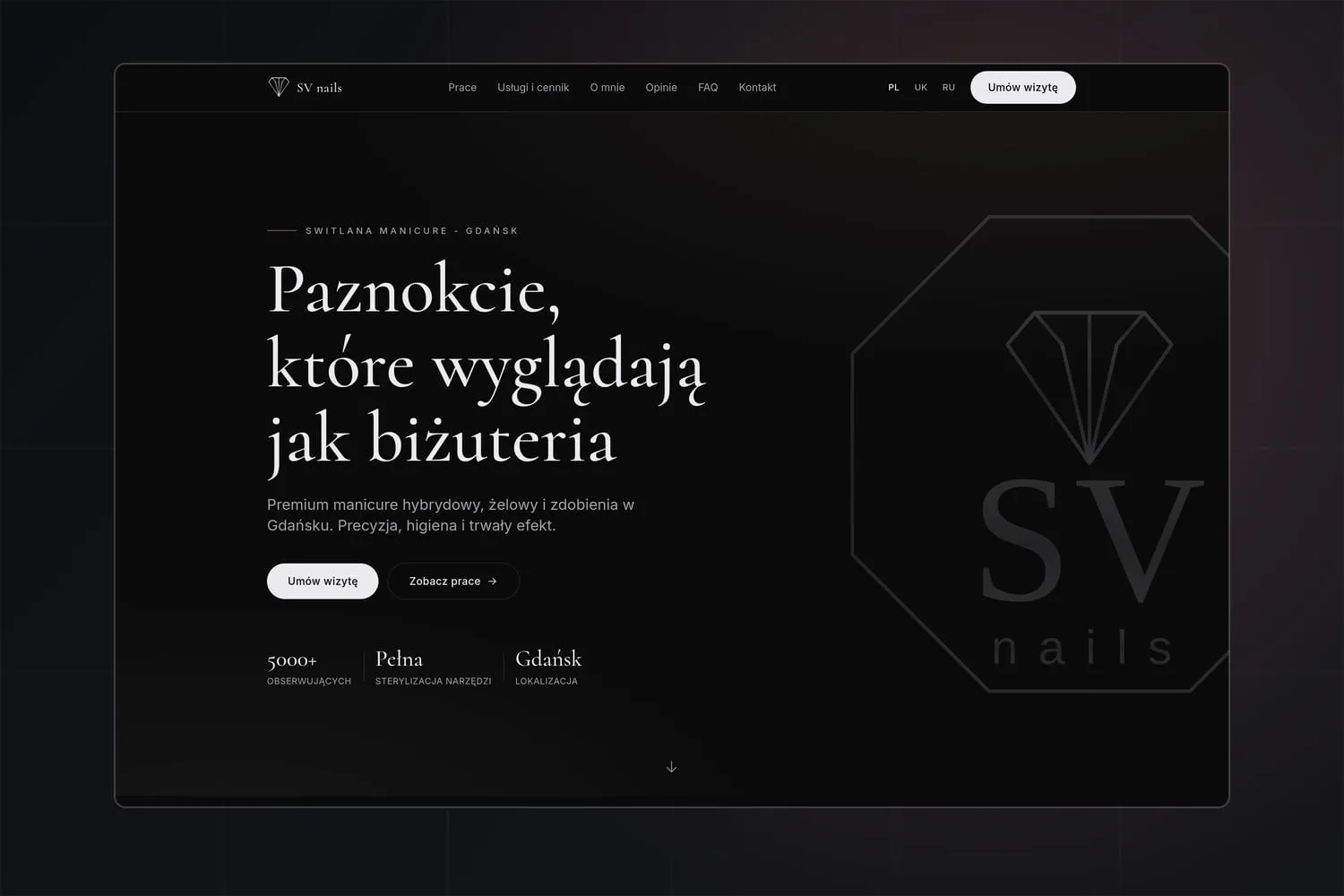 SV nails studio website - dark, jewellery-grade hero